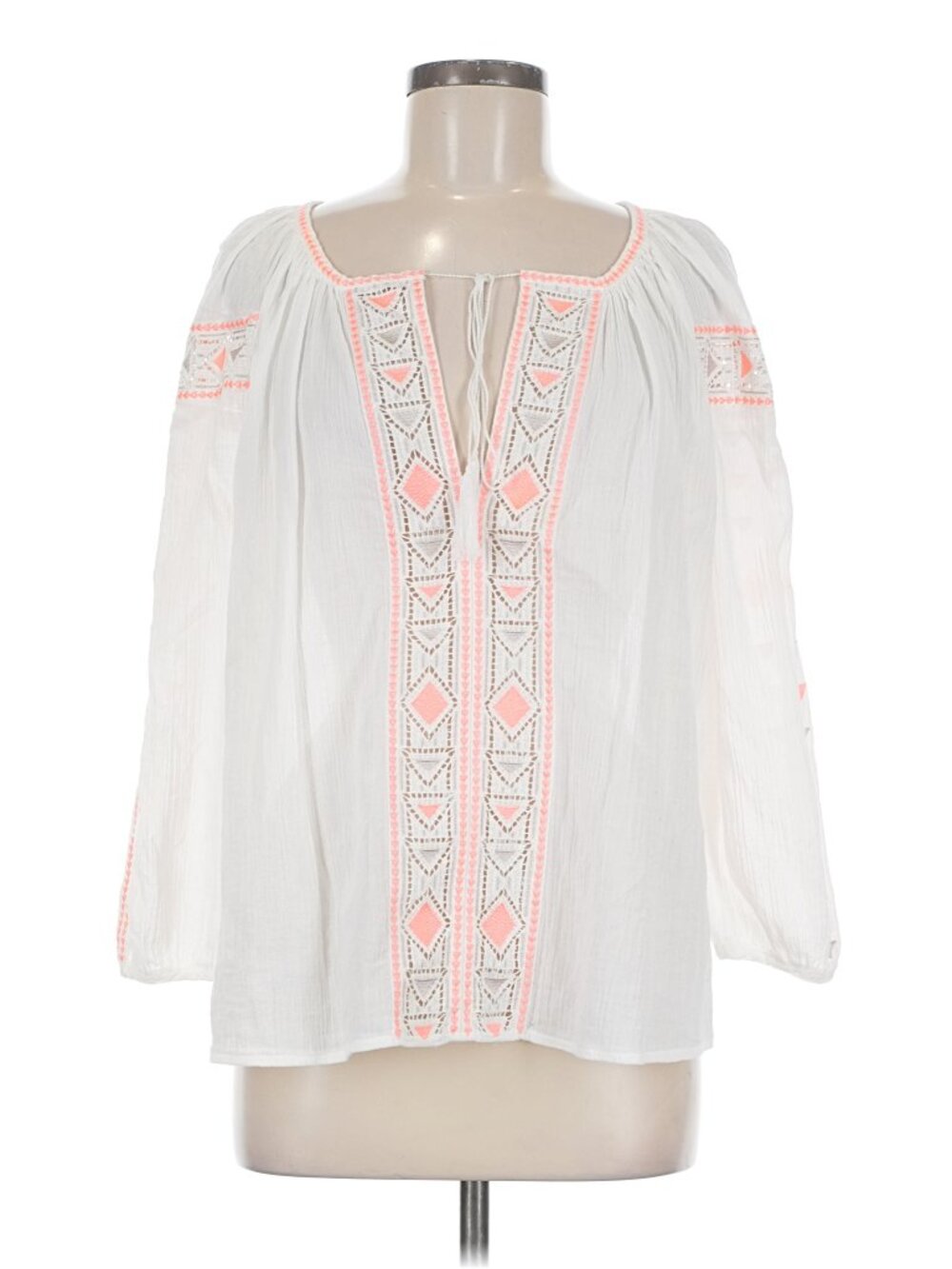 Madewell Cotton White and Neon Pink Embroidered Peasant Blouse with Tassel